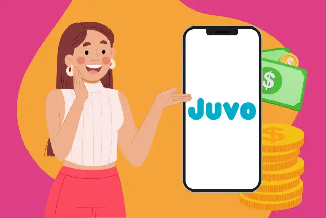 Ilustração de uma mulher ao lado de um celular onde se lê o nome da Juvo