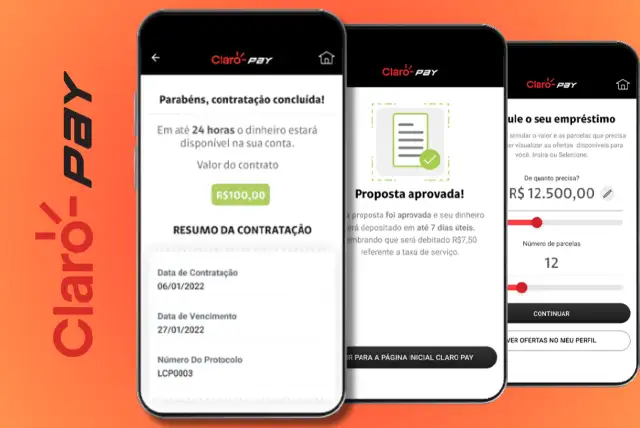 Telas de contratação de empréstimo do aplicativo Claro Pay